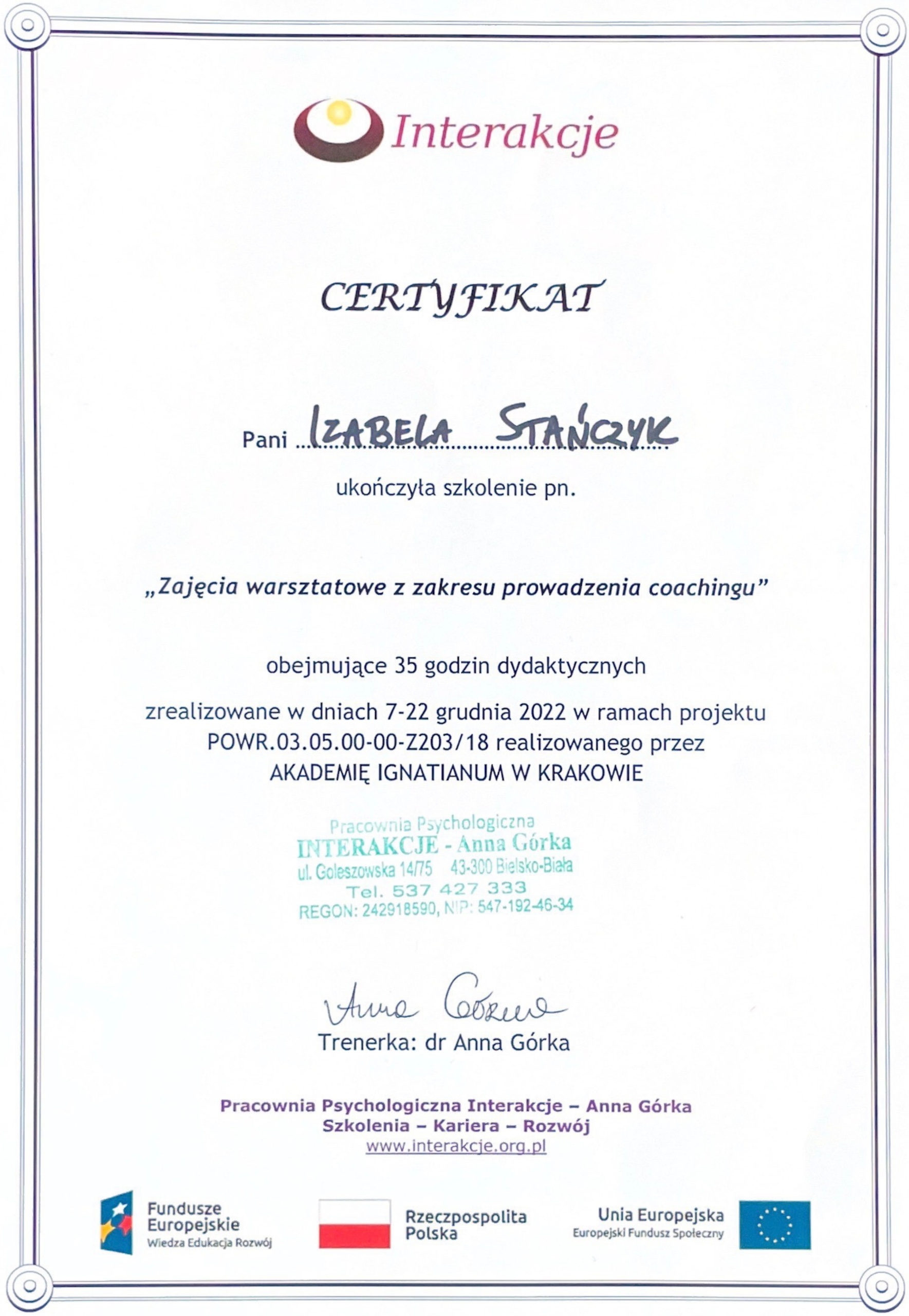 Dyplom ukończenia szkolenia z zajęć warsztatowych z zakresu prowadzenia coachingu.
