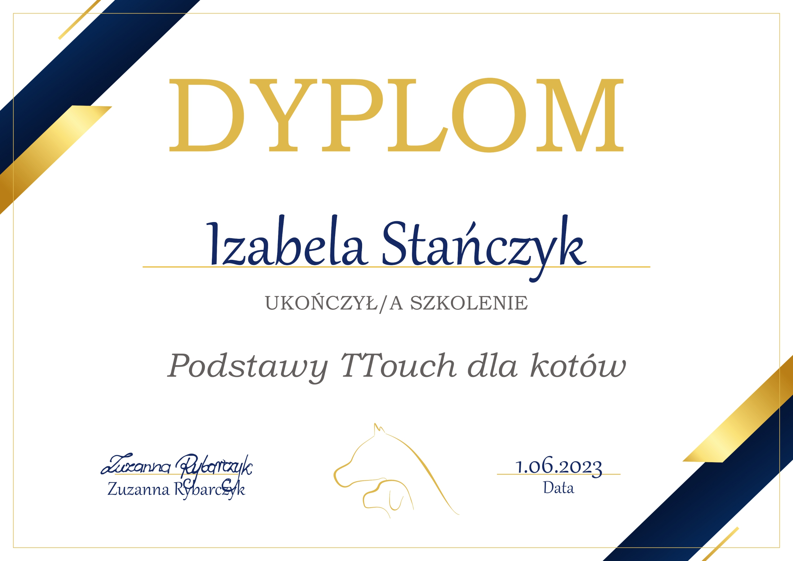 Dyplom ukończenia szkolenia z podstaw TTouch dla kotów.