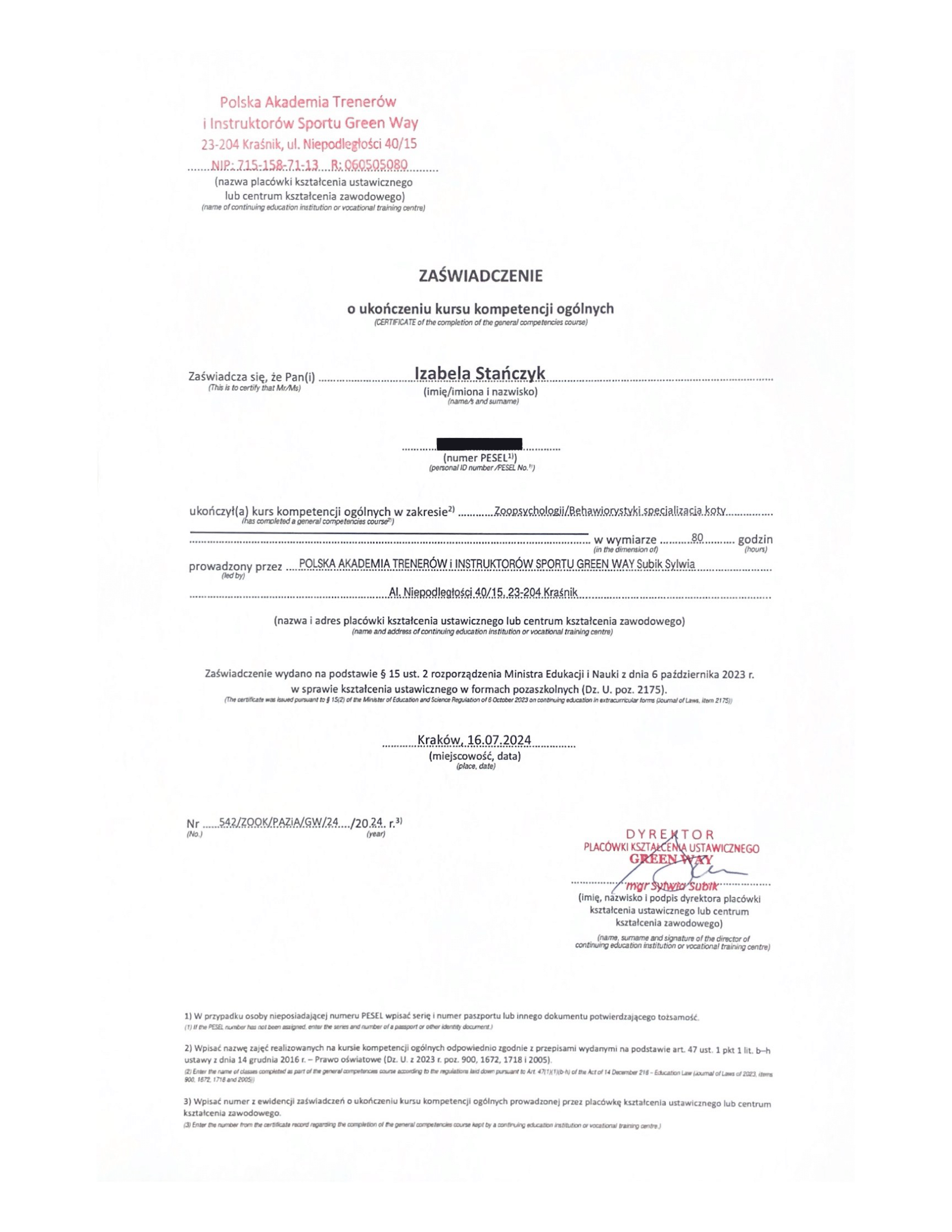 Zaświadczenie o ukończeniu kursu zoopsycholog/behawiorysta specjalizacja koty. PAZiA.