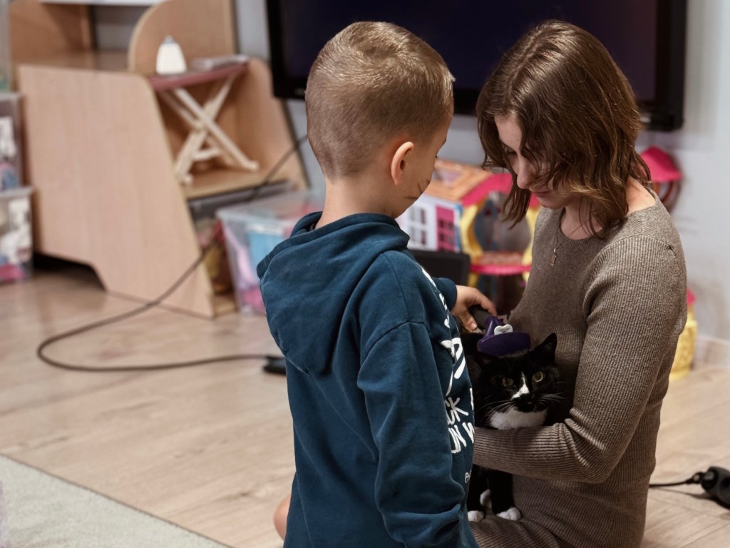 Dziecko w przedszkolu czesze furminatorem czarno-białego kota, którego trzyma felinoterapeutka.