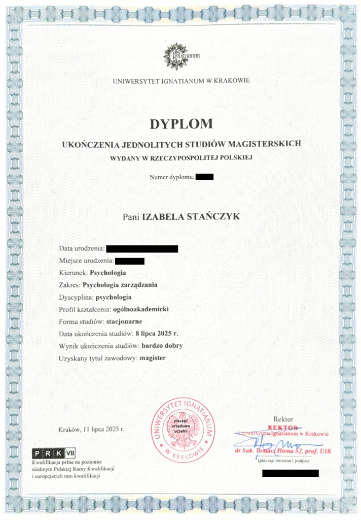 Dyplom ukończenia jednolitych studiów magisterskich na kierunku psychologia. Potwierdzenie kwalifikacji do prowadzenia wsparcia psychologicznego, poradnictwa psychologicznego i konsultacji psychologicznych przez Izabelę Stańczyk.
