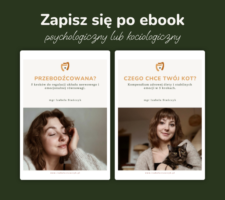 Zdjęcia prezentują dwa prezenty – ebooki, które można otrzymać za zapis do newslettera. Newsletter kociologiczny i psychologiczny.